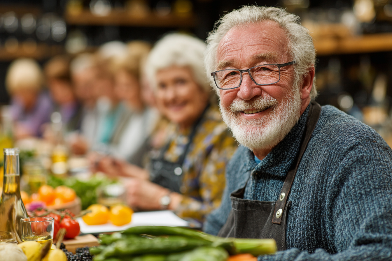 Група старших людей займається м'якою йогою в затишному залі